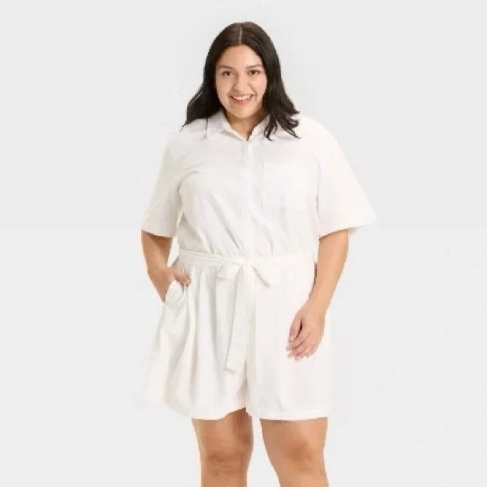NWT AVA & VIV White Belted Short Sleeve Romper – Plus 3X